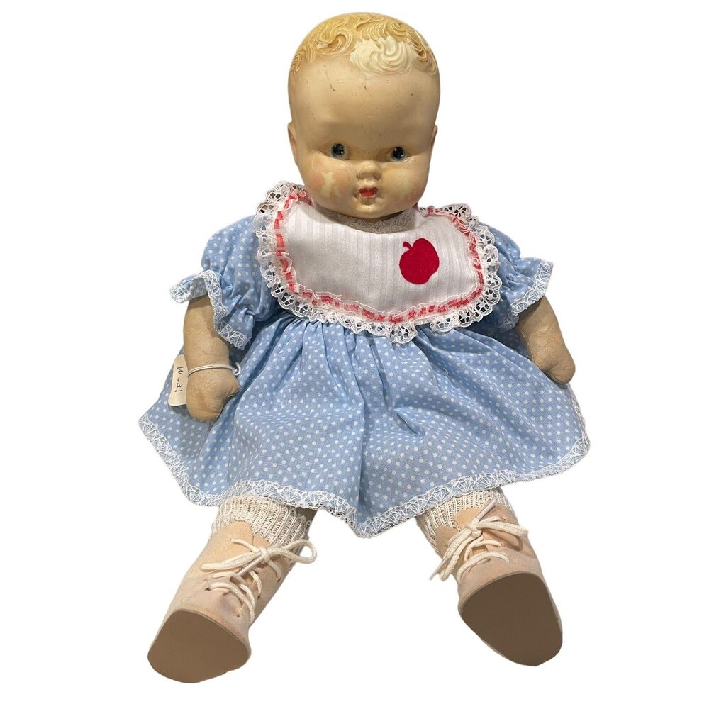Krueger NYC Oil Cloth Baby Doll Molded Hair Plastic Torso 15” Vintage Antique